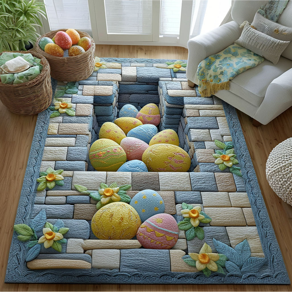 Spring Egg Parade area rug in a living room