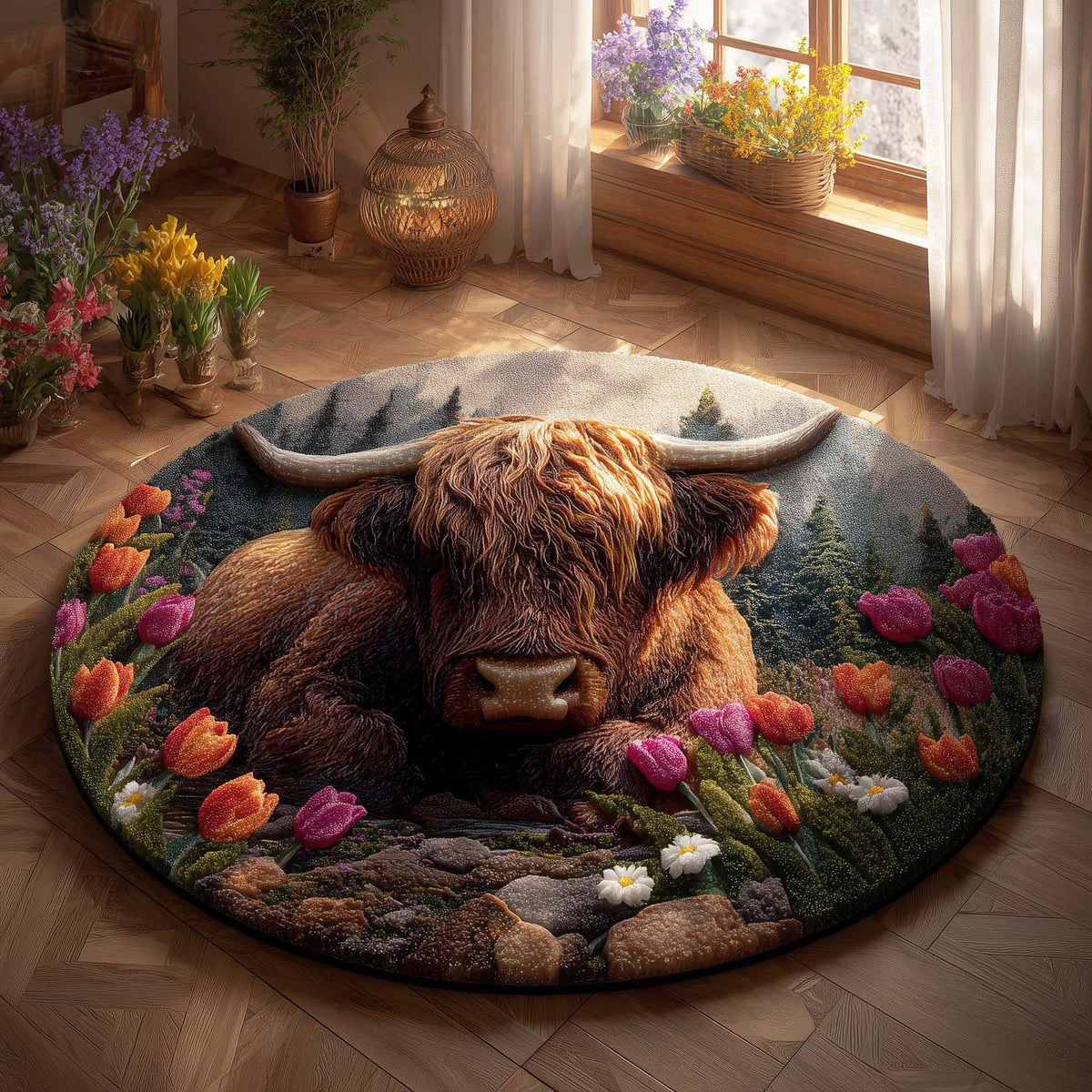 Spring Highland Cow Round Mat Rug - washable non-slip printed rug