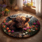 Spring Highland Cow Round Mat Rug - washable non-slip printed rug