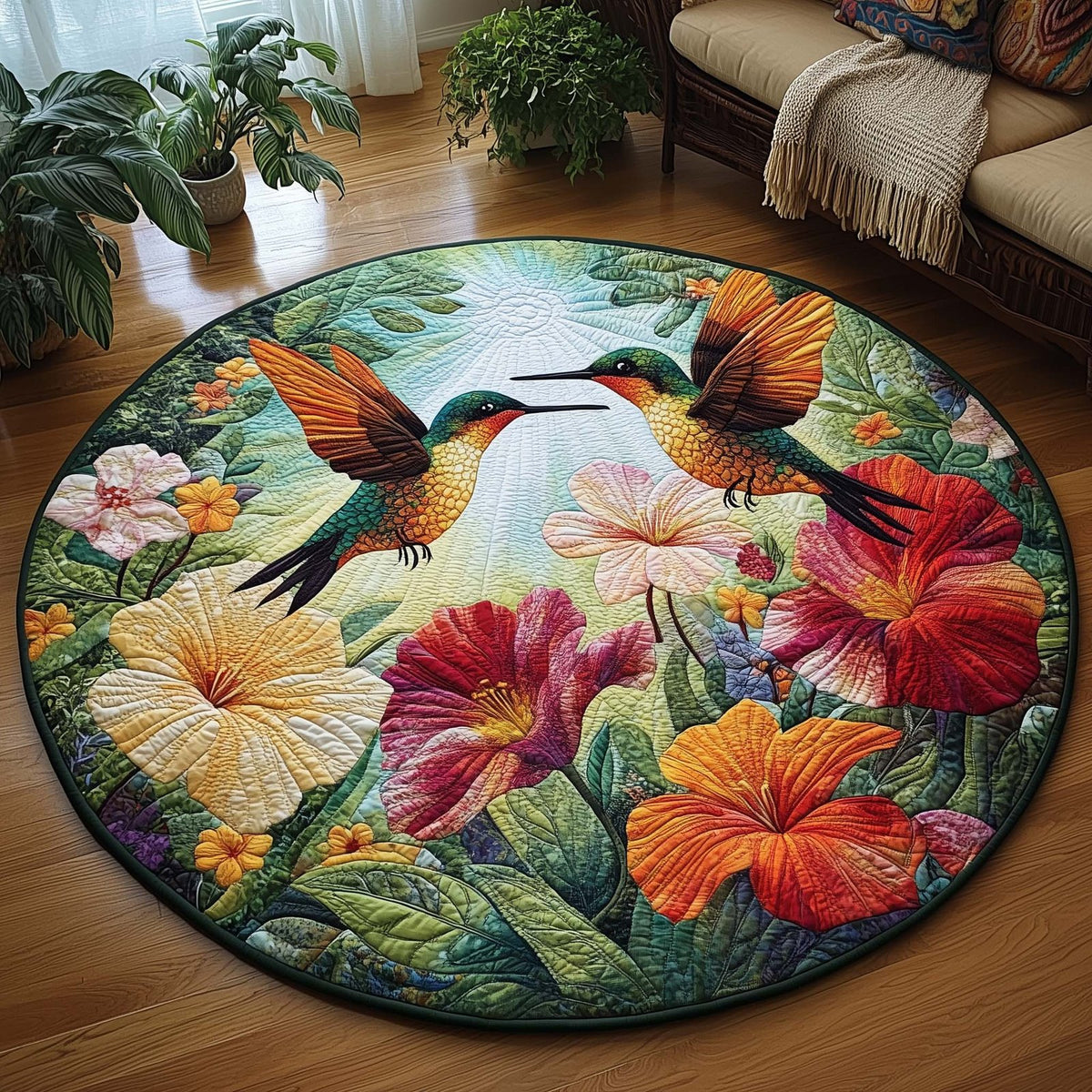 Spring Hummingbird Round Mat Rug - washable non-slip printed rug