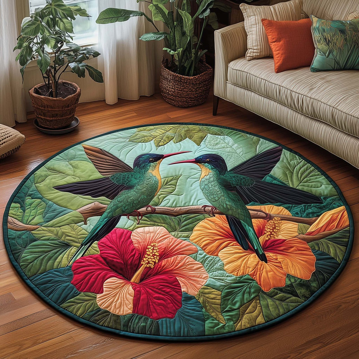 Spring Hummingbird (Design 3) Round Mat Rug - washable non-slip printed rug