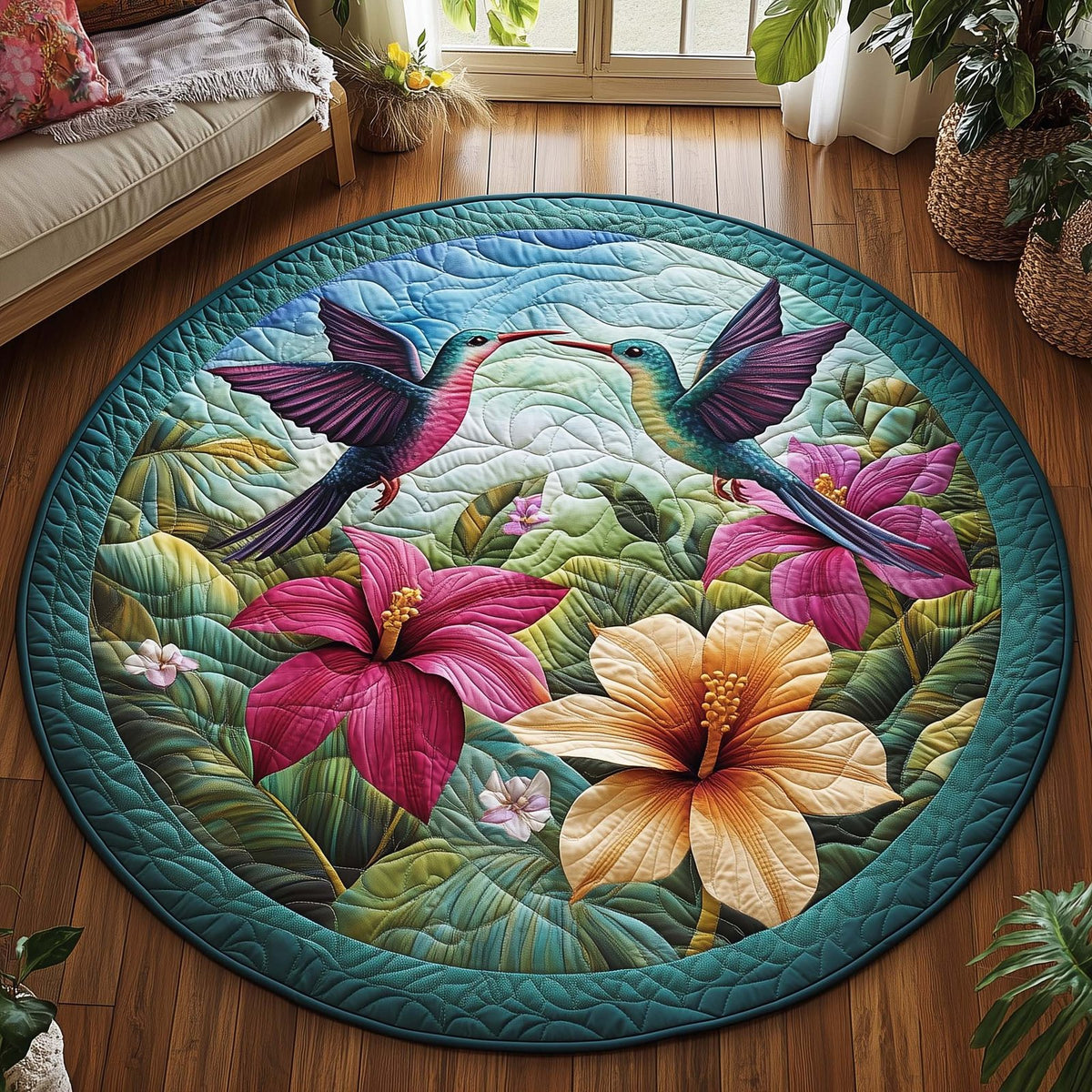 Spring Hummingbird (Design 2) Round Mat Rug - washable non-slip printed rug