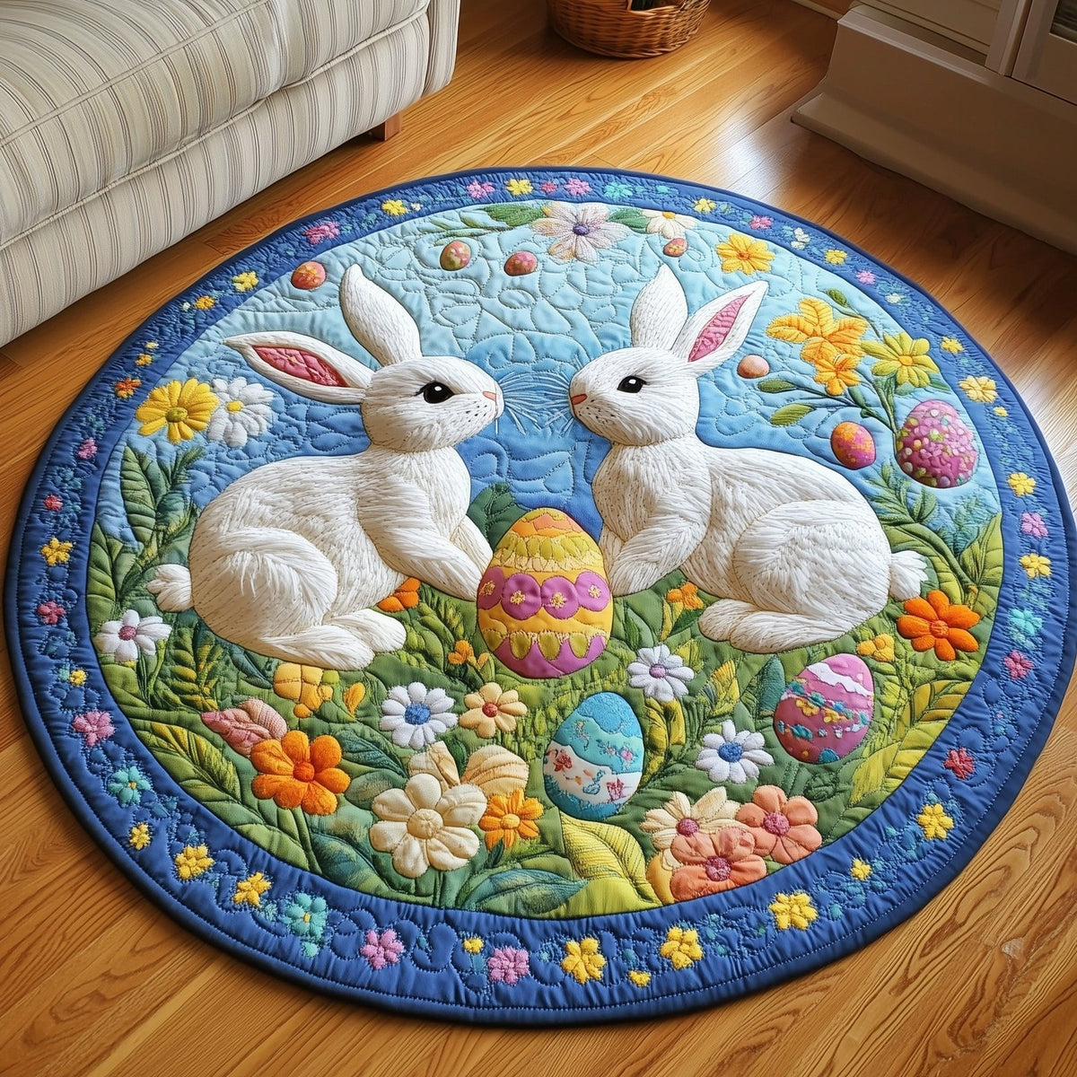 Springtime Bunny Duo Round Mat Rug - Nature Design | Serene Home Decor
