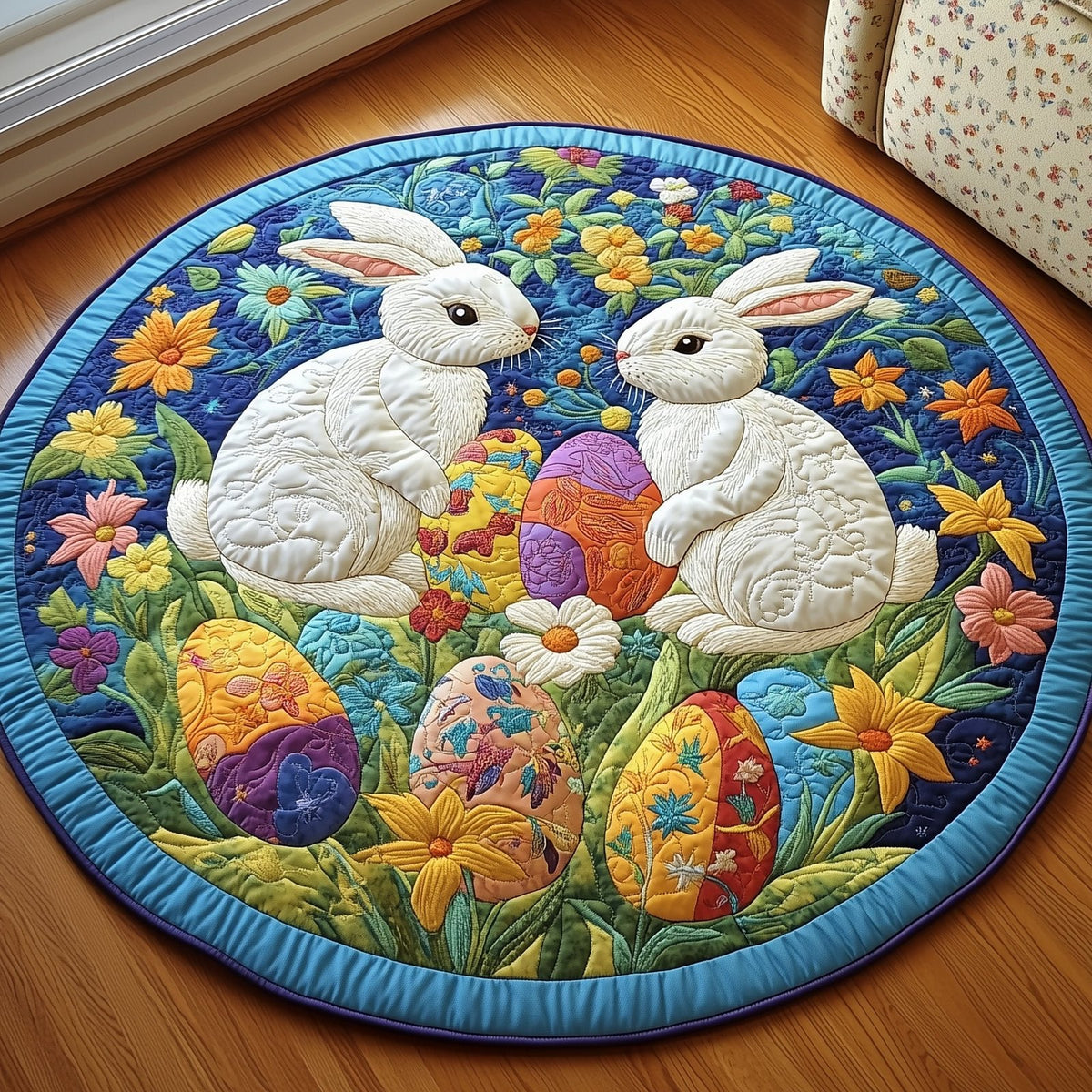 Springtime Bunny Duo Round Mat Rug - washable non-slip printed rug