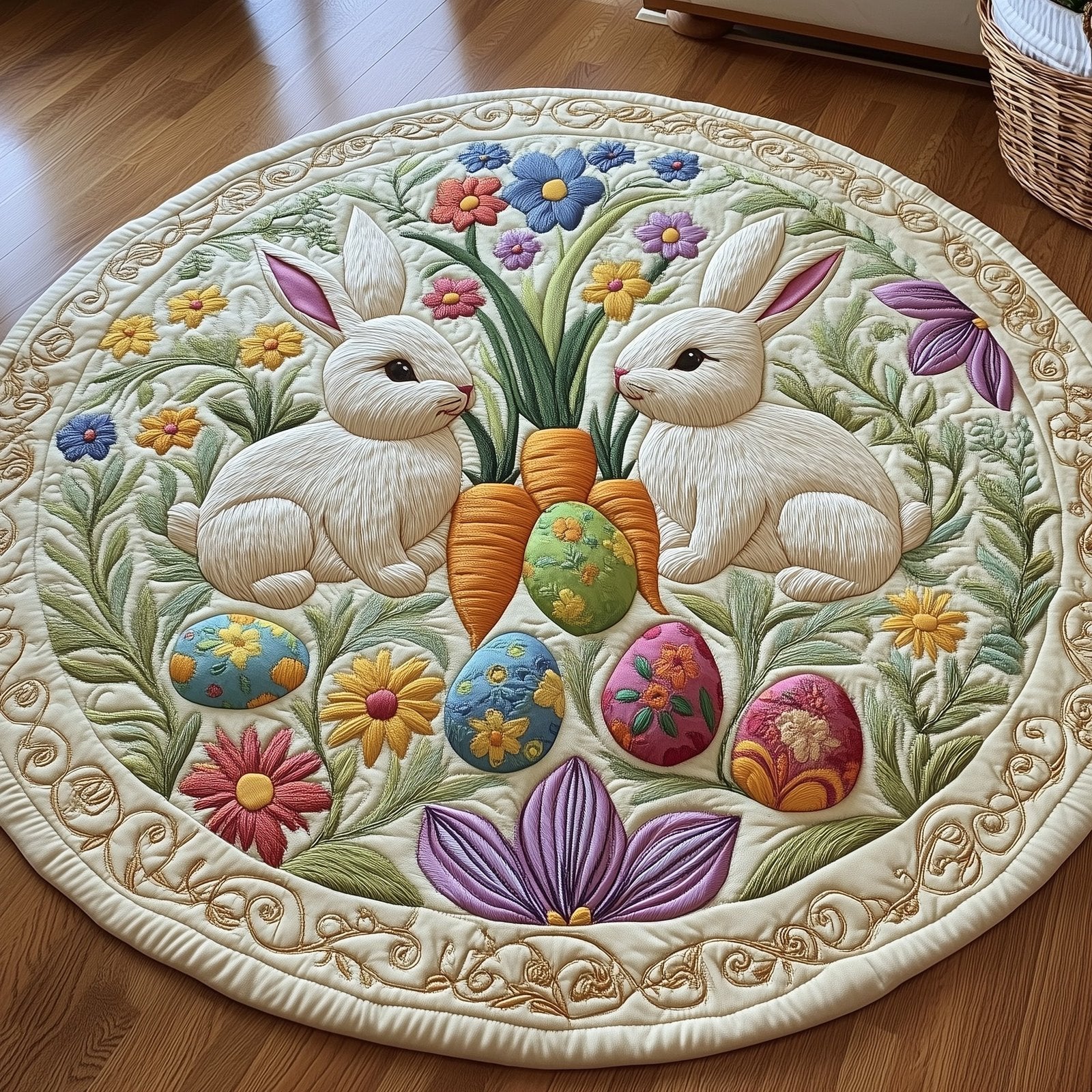 Springtime Bunny Duo Round Mat Rug - Nature Design | Serene Home Decor