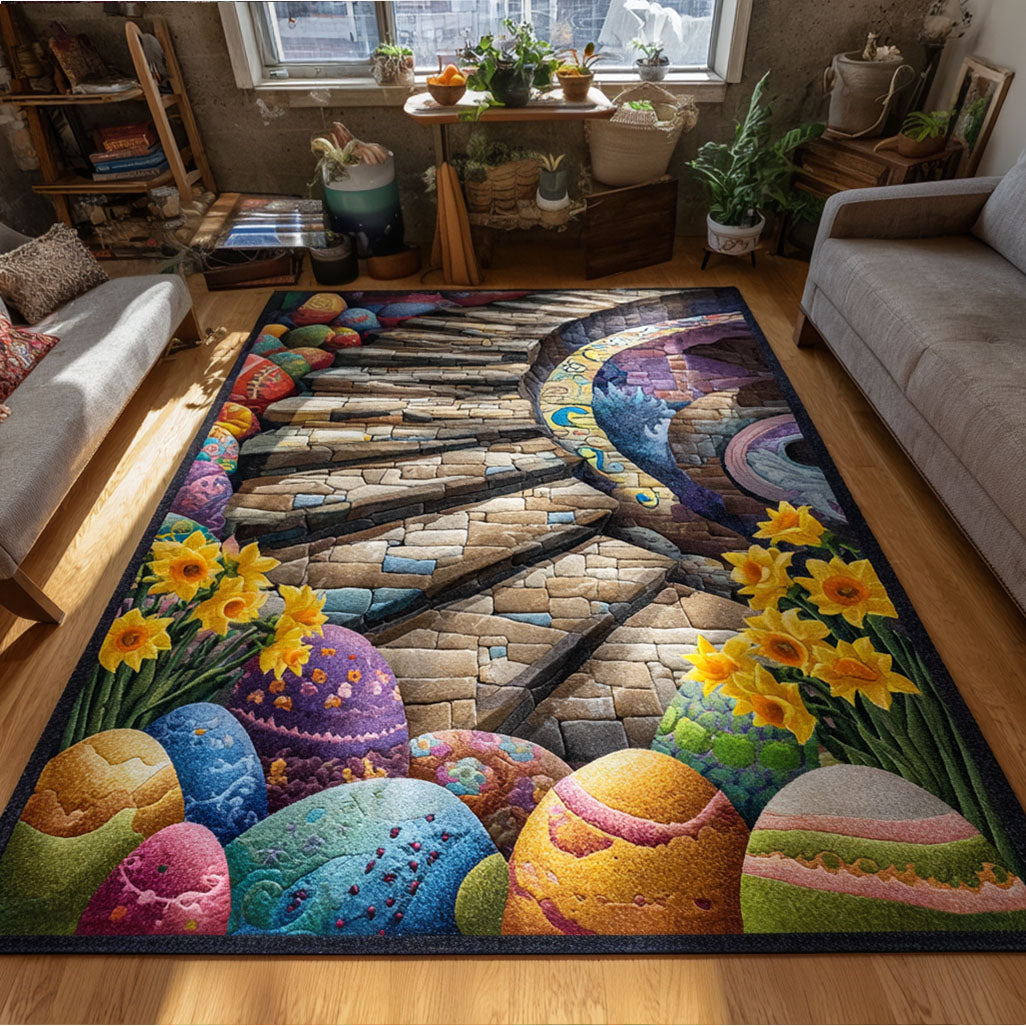 Springtime Egg Trail area rug in a living room