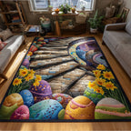 Springtime Egg Trail area rug in a living room