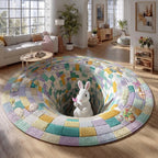 Springtime Rabbit Retreat Round Mat Rug - washable non-slip printed rug