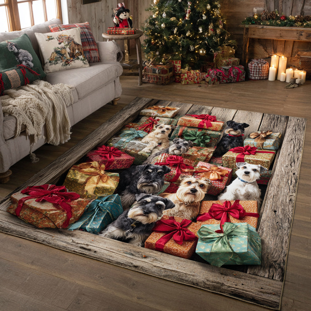 Stacked Schnauzer Presents area rug in a living room