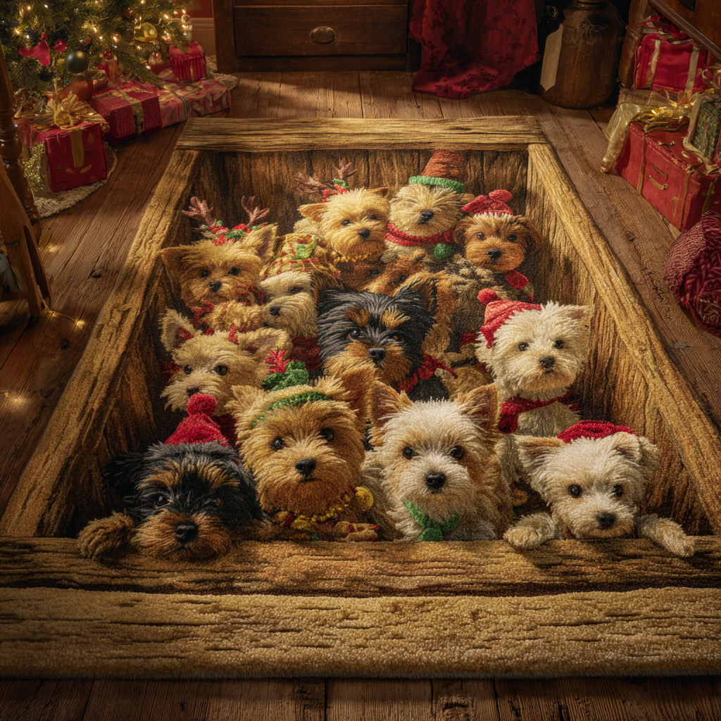 Stacked Yorkie area rug in a living room