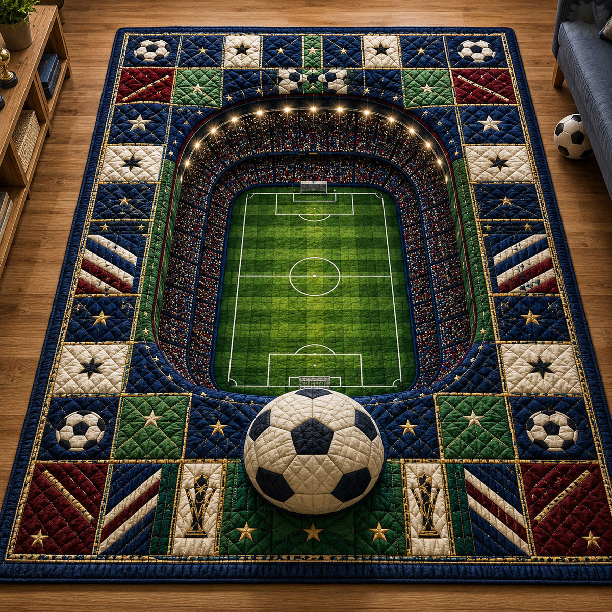 Stadium Arena Soccer Field area rug in a living room