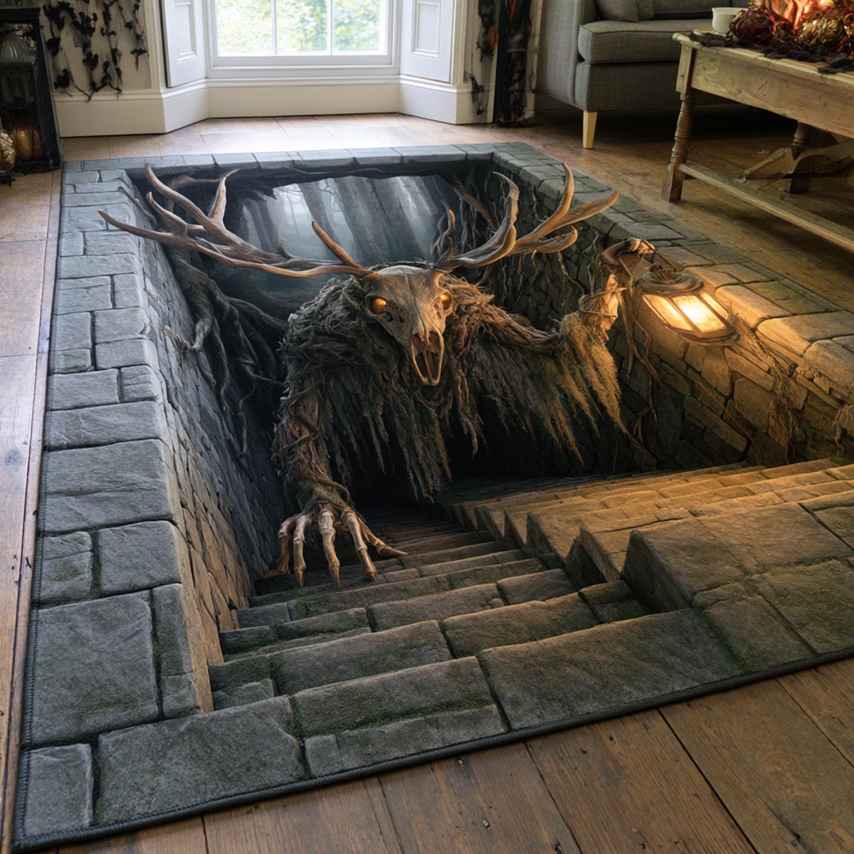 Stag Guardian area rug in a living room