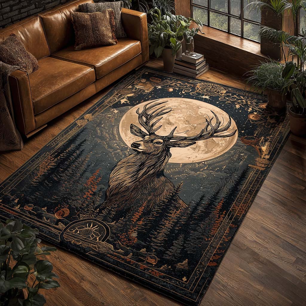 Stag of the Silver Moon area rug in a living room