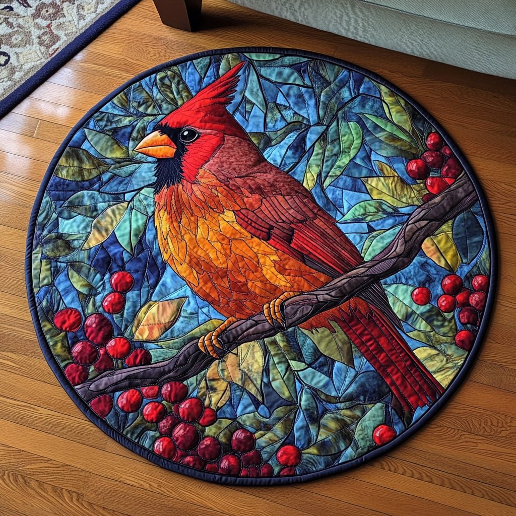 Stained Glass Cardinal Round Mat Rug - washable non-slip printed rug