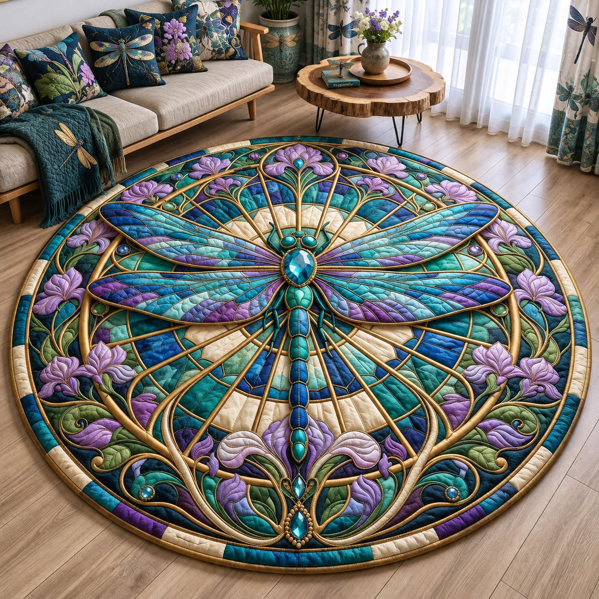 Stained Glass Dragonfly Round Mat Rug - Cute Animal Design | Charming Home Decor - washable non-slip printed rug
