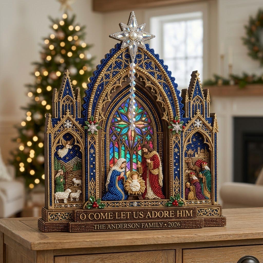 Stained Glass Nativity wooden block, laser-cut 3-layer wood