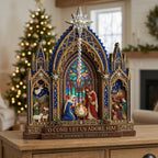 Stained Glass Nativity wooden block, laser-cut 3-layer wood