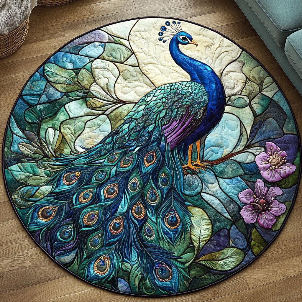 Stained Glass Peacock Round Mat Rug - washable non-slip printed rug