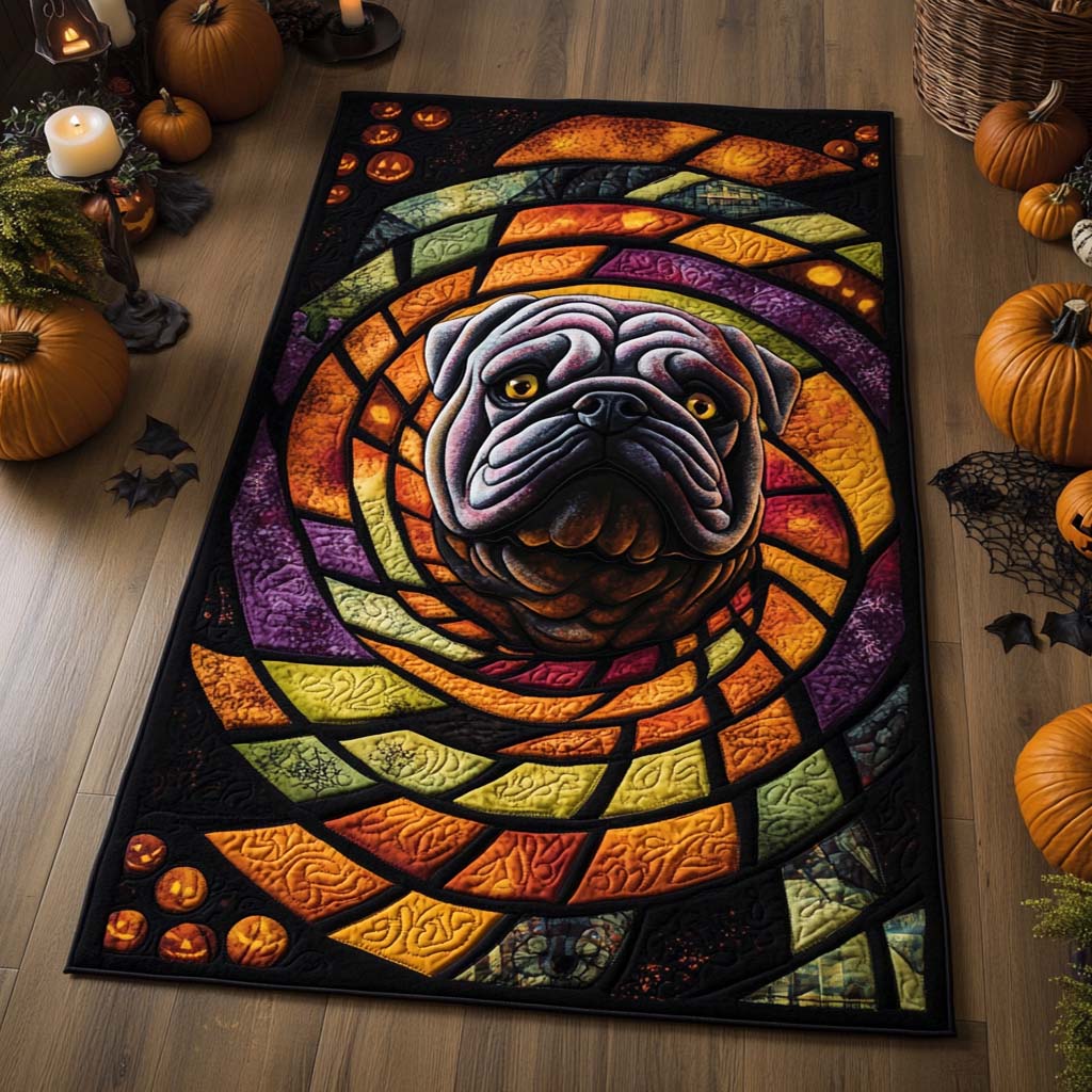 Stained Glass Spiral Bulldog area rug in a living room