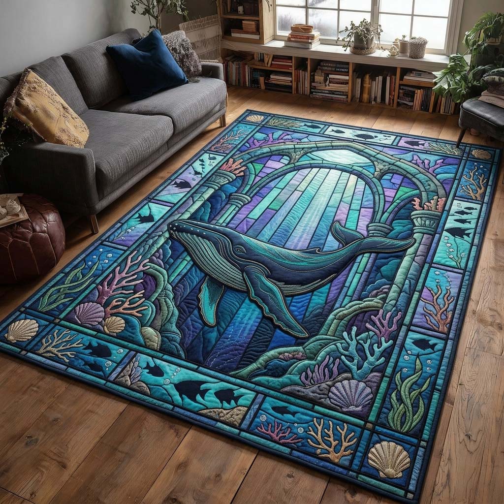 Stained Glass Whale area rug in a living room