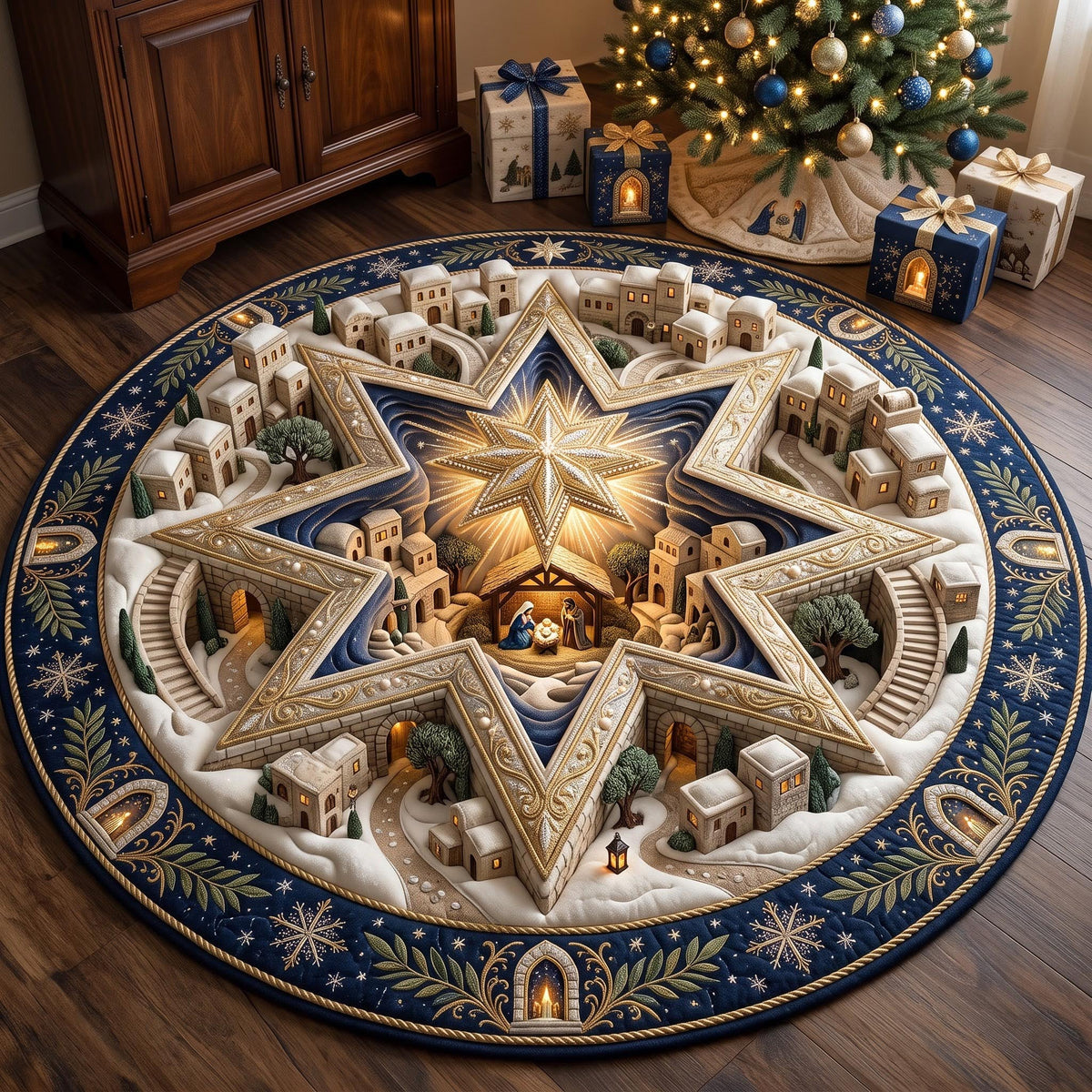 Star Nativity Round Mat Rug - Nature Design | Serene Home Decor - washable non-slip printed rug