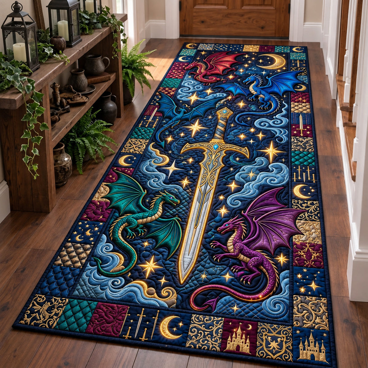 Starblade Dragon Runner Rug - Cute Animal Design | Charming Runner Rug - washable non-slip printed rug