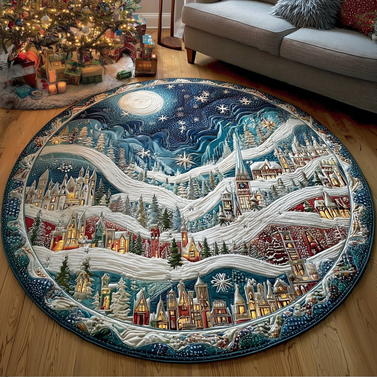 Starlit Alpine Village Round Mat Rug - washable non-slip printed rug