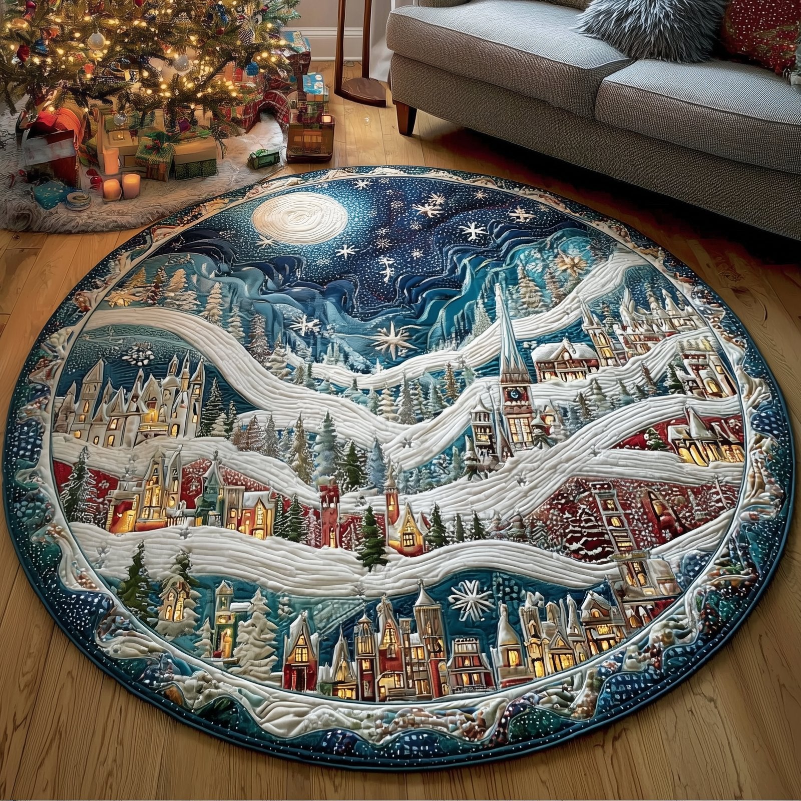 Starlit Alpine Village Round Mat Rug - Nature Design | Serene Home Decor