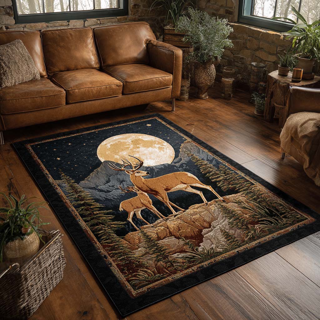 Starlit Stag area rug in a living room