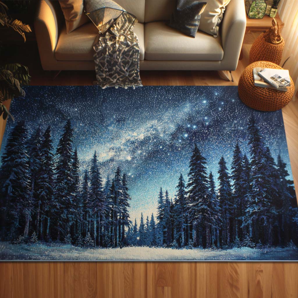 Starry Forest area rug in a living room