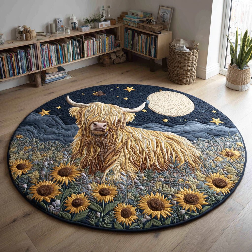 Starry Highland Cow Round Mat Rug - washable non-slip printed rug