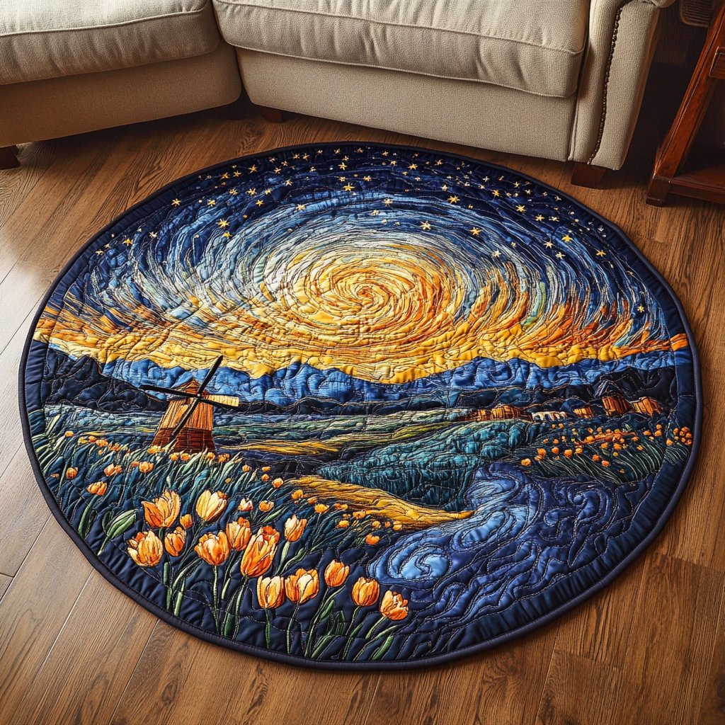 Starry Tulip Fields Round Mat Rug - washable non-slip printed rug