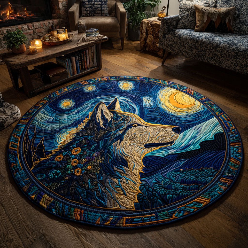 Starry Wolf Round Mat Rug - washable non-slip printed rug