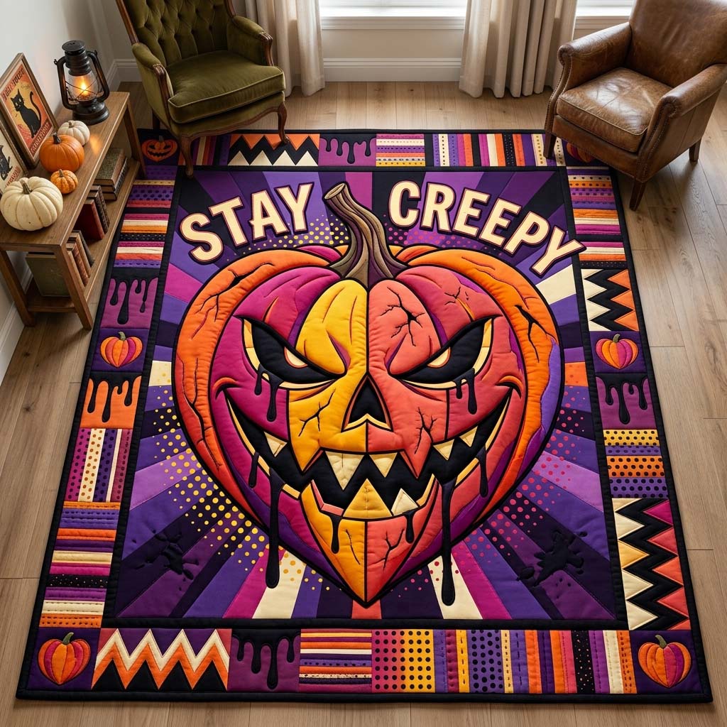 Stay Creepy Pumpkin area rug in a living room