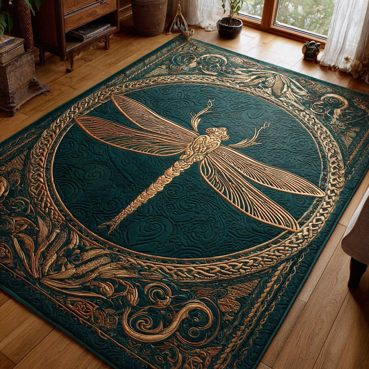 Still Wings area rug in a living room