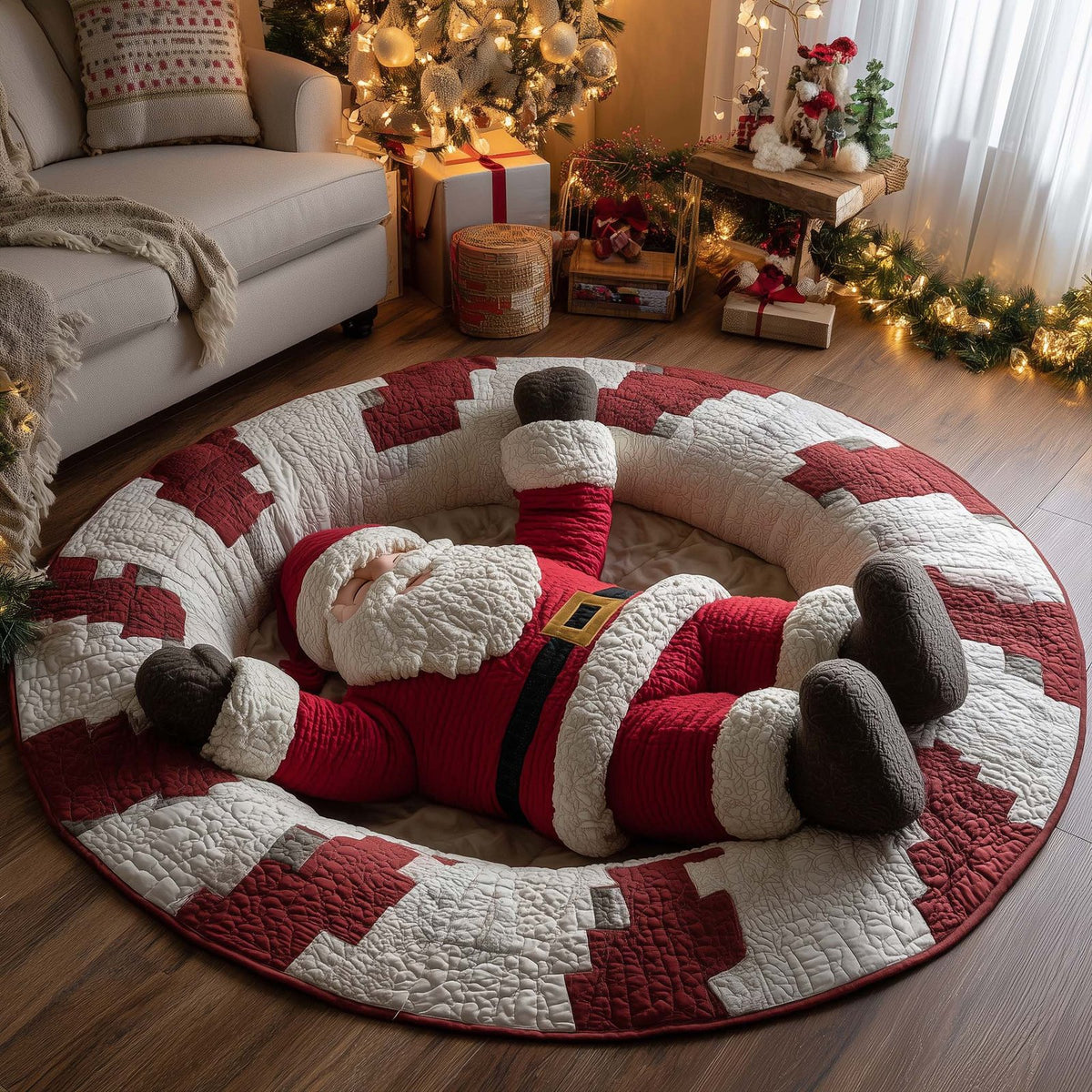 Stocking Stuck Santa Round Mat Rug - Nature Design | Serene Home Decor