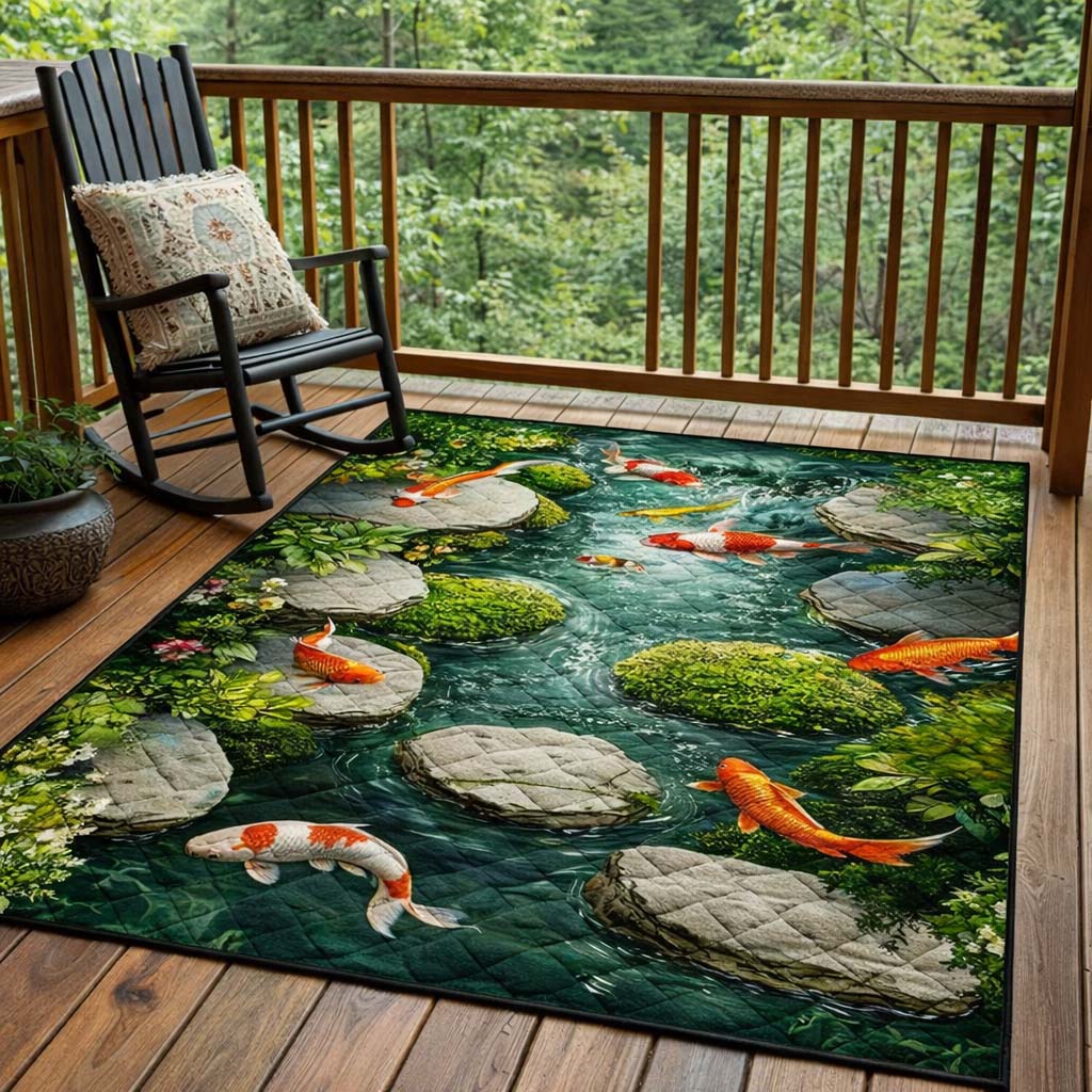 Stone Path Koi area rug in a living room