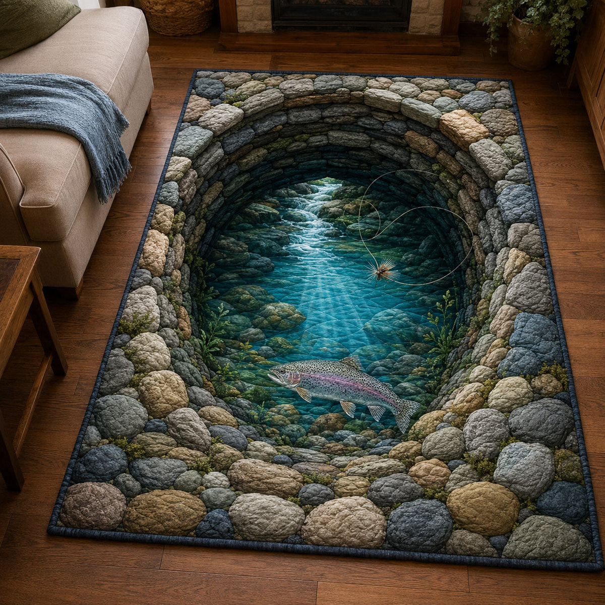 Stone Tunnel Trout River area rug in a living room