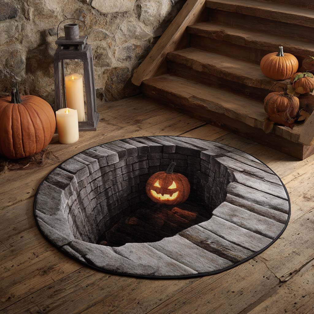 Stone Well Pumpkin Halloween Round Mat Rug - washable non-slip printed rug