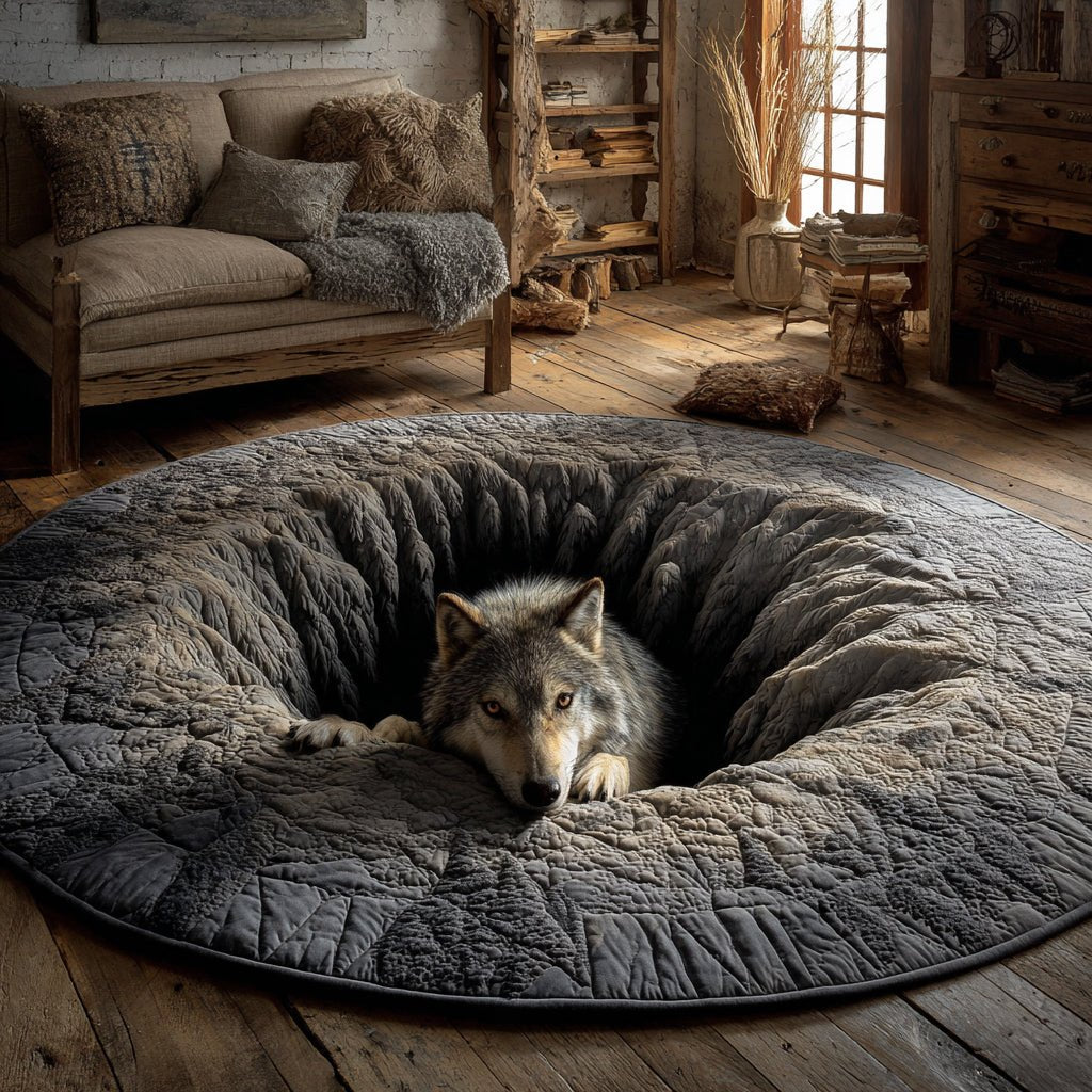 Stone Wolf Hearth Round Mat Rug - washable non-slip printed rug
