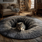 Stone Wolf Hearth Round Mat Rug - washable non-slip printed rug