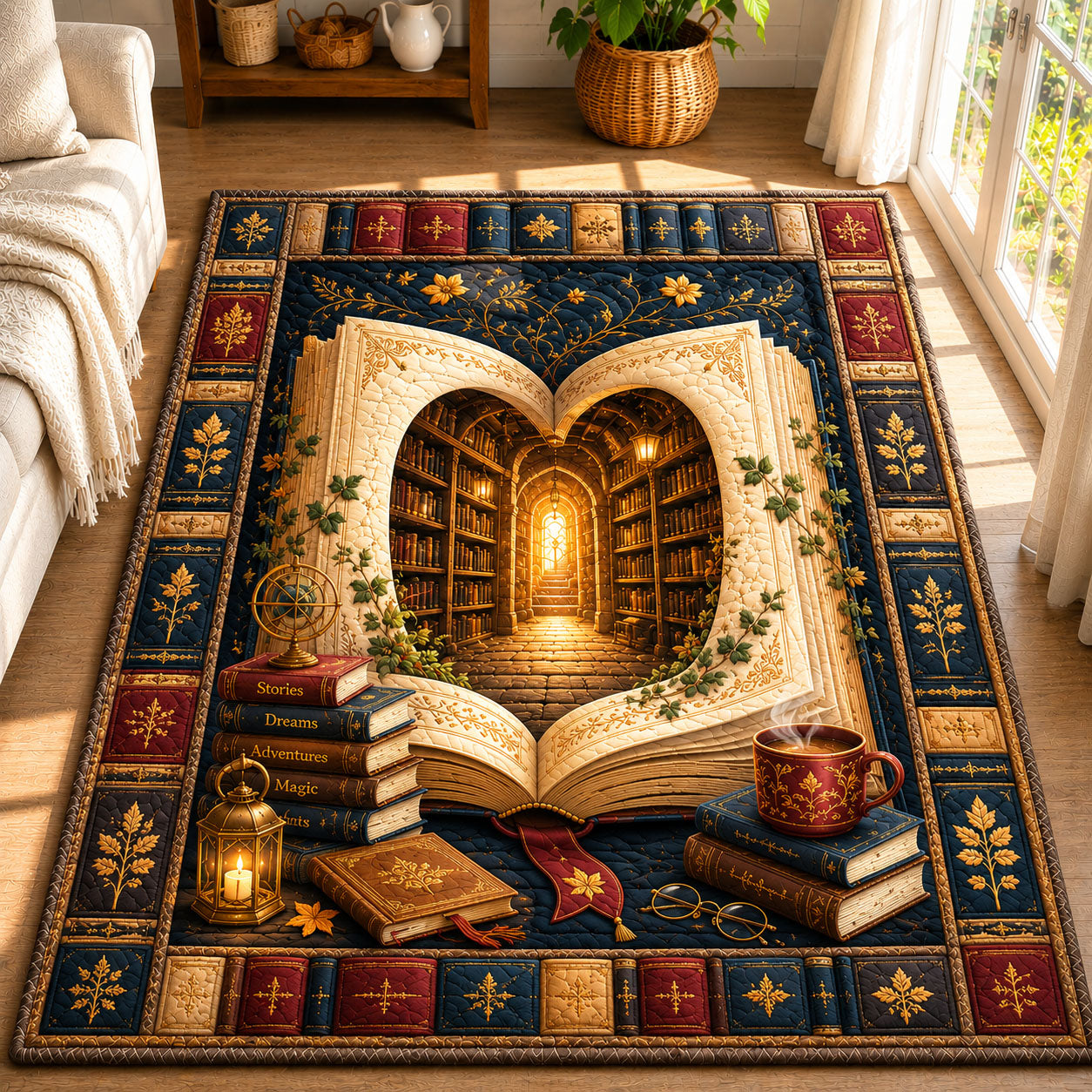 Storybook Portal Library Fantasy area rug in a living room