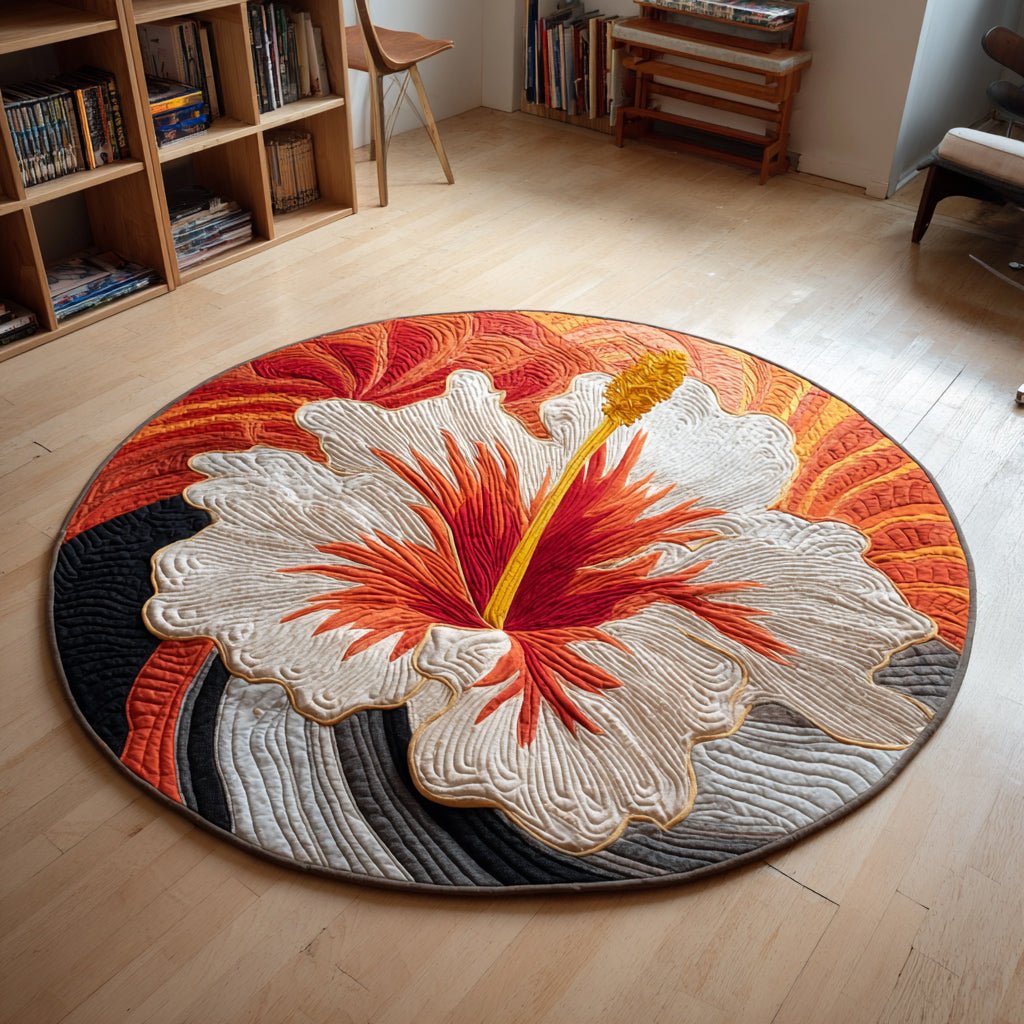 Striped Hibiscus Round Mat Rug - washable non-slip printed rug