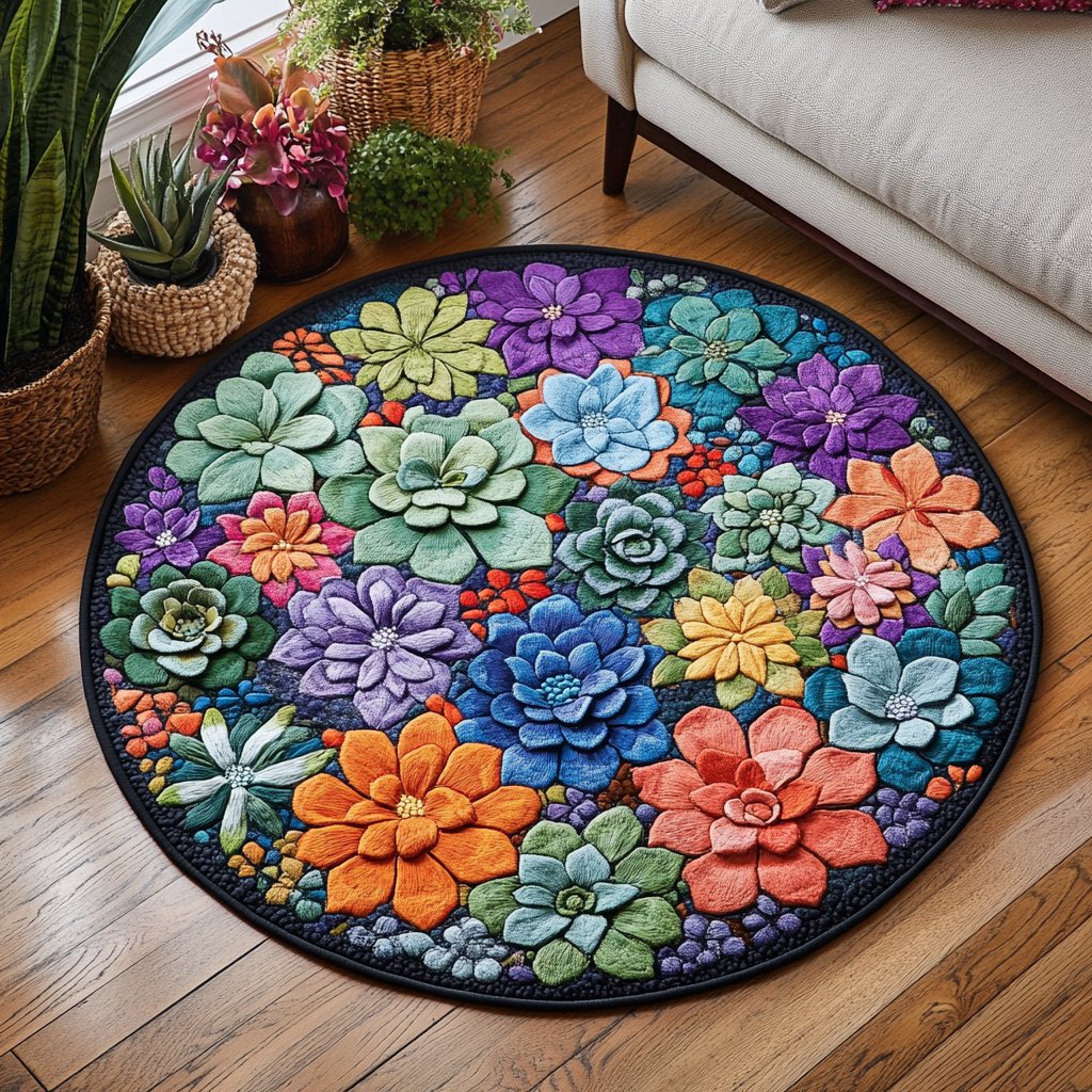 Succulent Bloom Round Mat Rug - washable non-slip printed rug