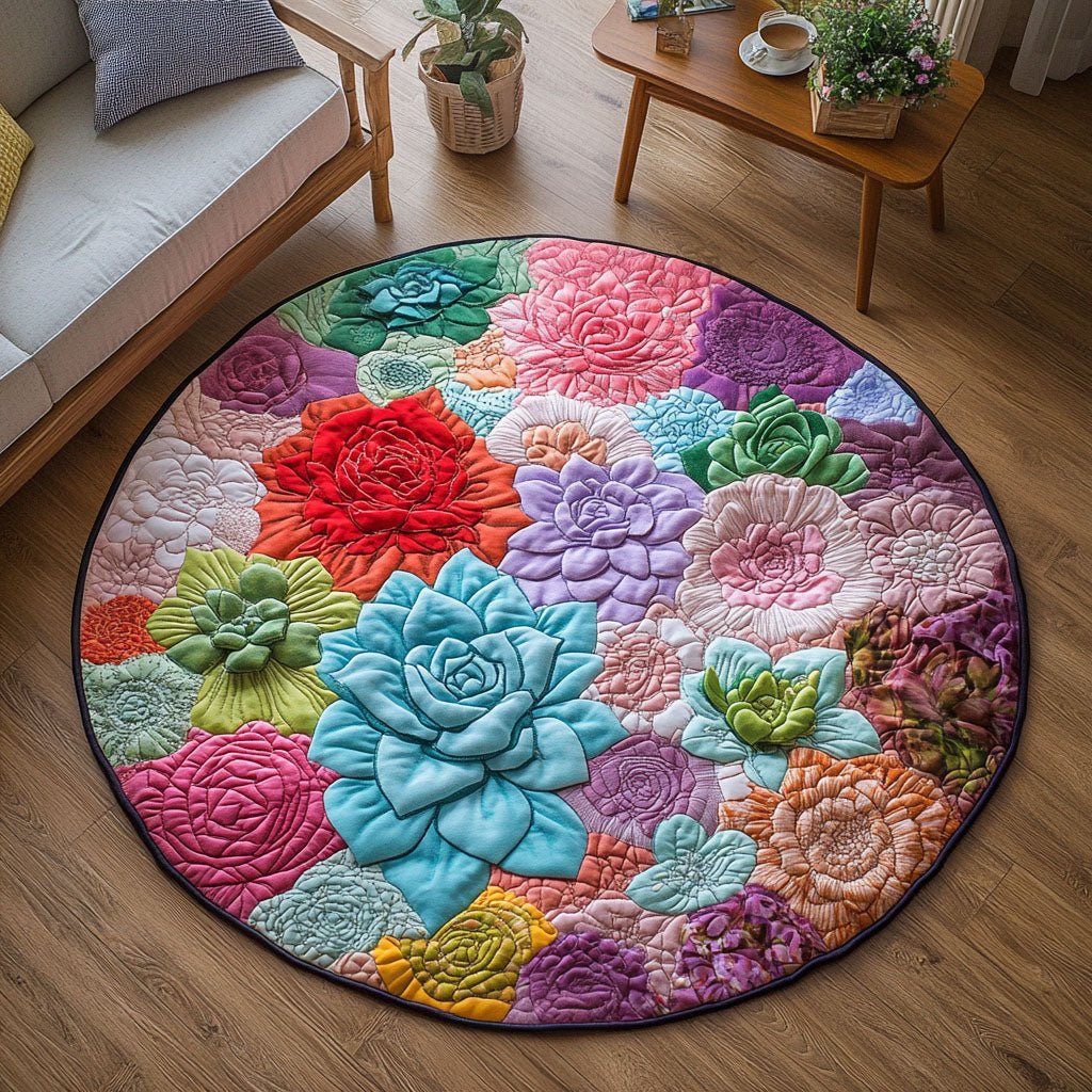 Succulent Sanctuary Round Mat Rug - washable non-slip printed rug