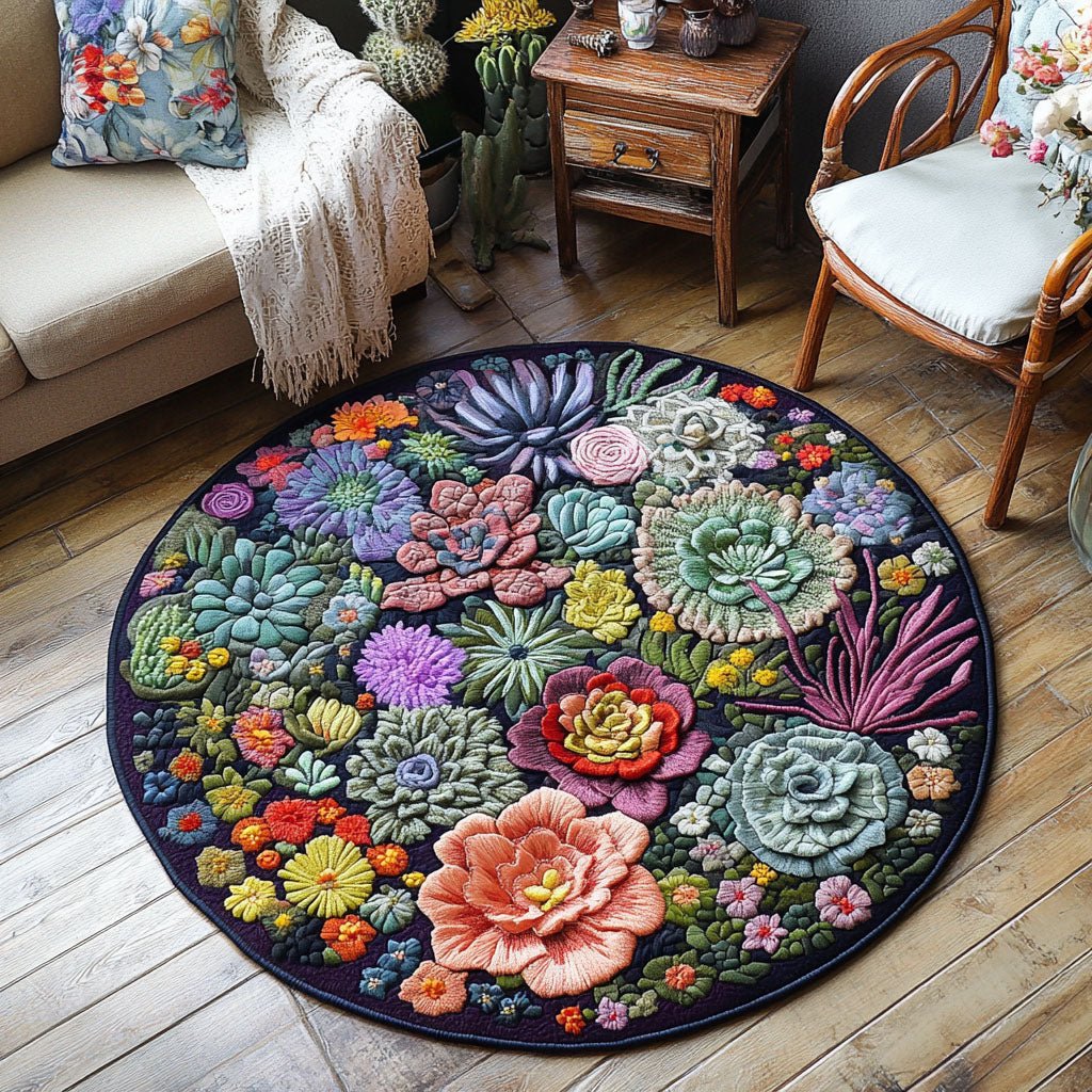 Succulent Symphony Round Mat Rug - washable non-slip printed rug