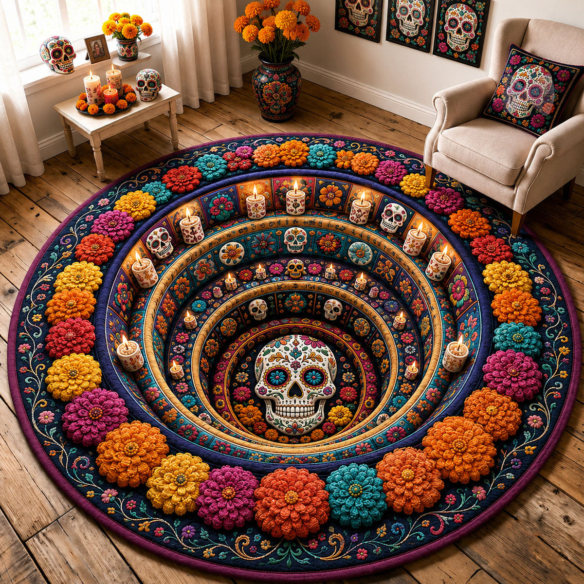 Sugar Skull Flower Circle Round Mat Rug - Nature Design | Serene Home Decor - washable non-slip printed rug