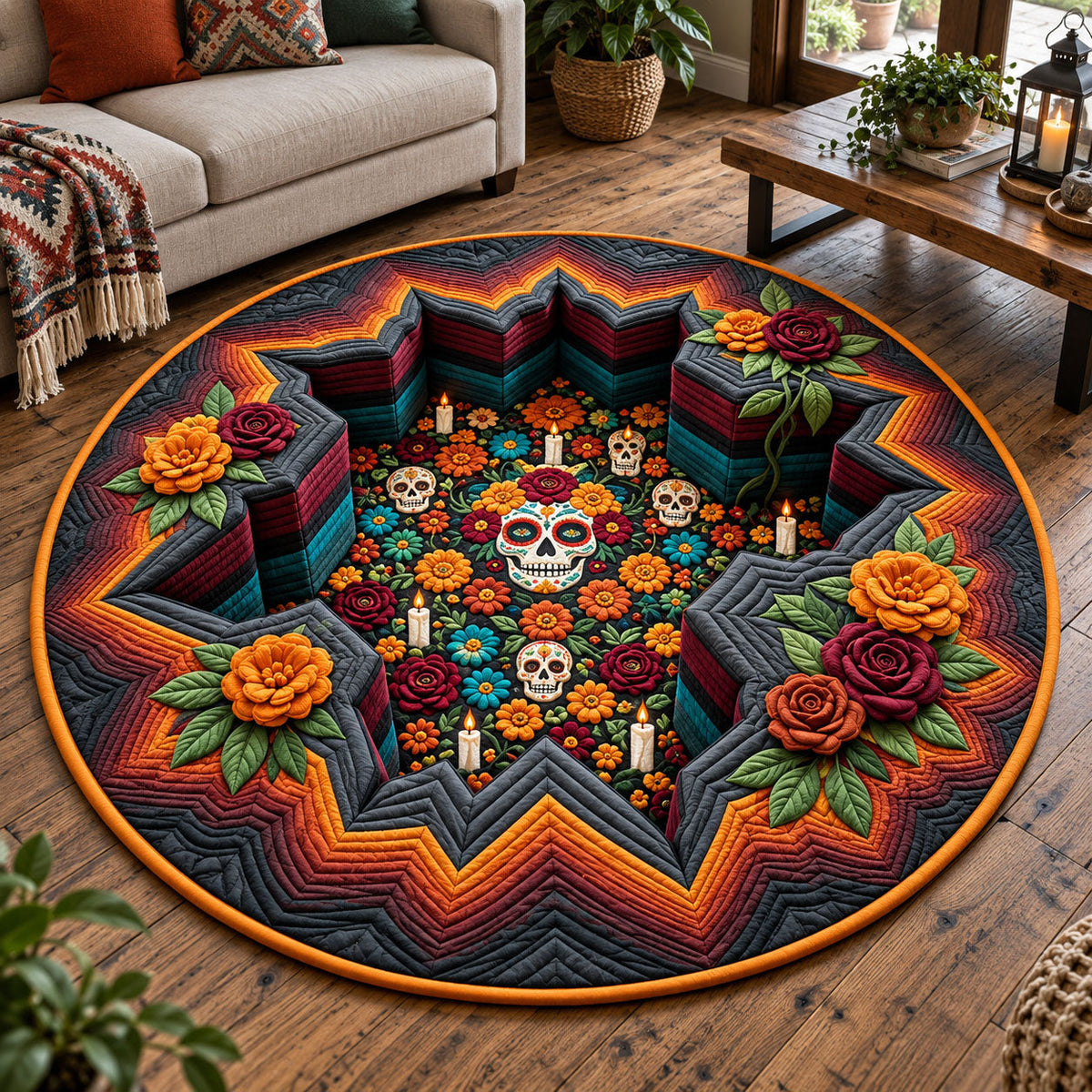 Sugar Skull Pit Round Mat Rug - Nature Design | Serene Home Decor - washable non-slip printed rug