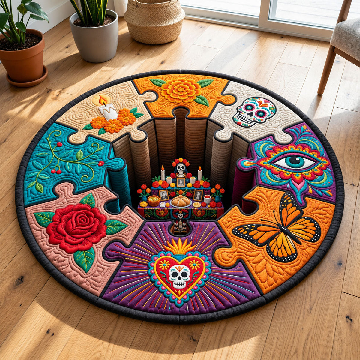 Sugar Skull Puzzle Round Mat Rug - Nature Design | Serene Home Decor - washable non-slip printed rug