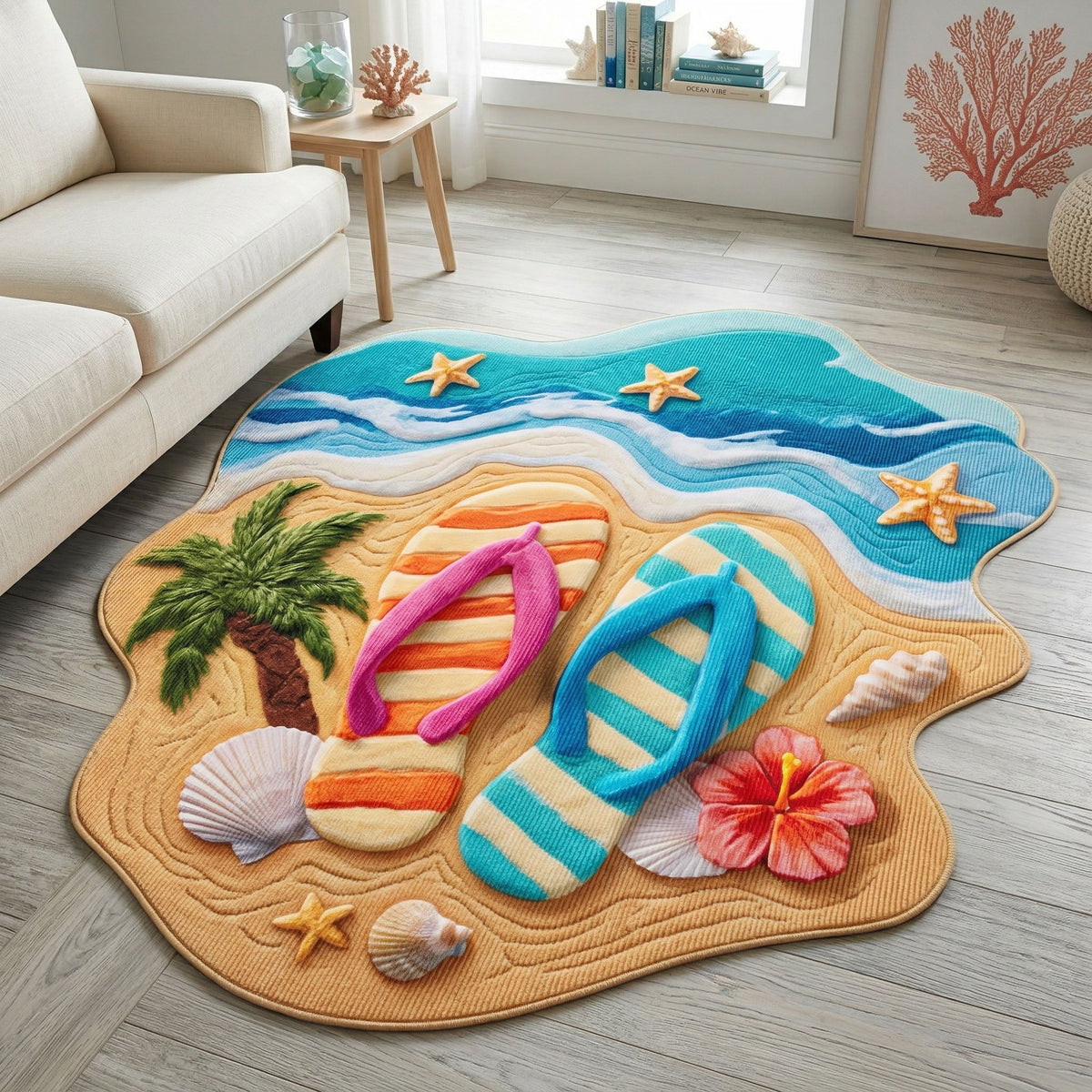 Summer Flip Flop Custom Shape Area Rug - Nature Design | Die-Cut Non-Slip Rug - washable non-slip printed rug